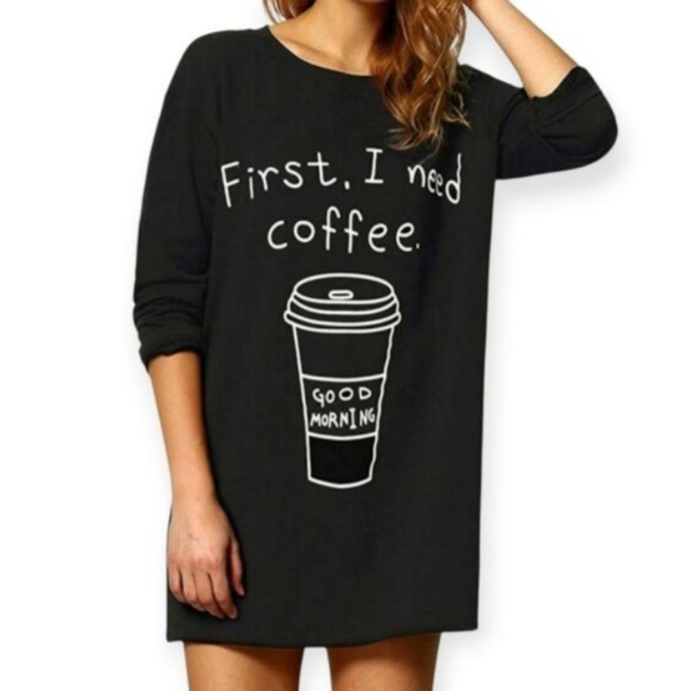 SHEIN Black Coffee Graphic Long Sleeve Shirt Sz. One Size EUC.